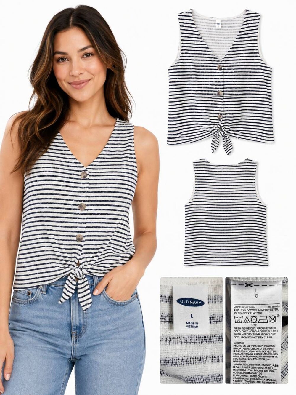 Old Navy L Navy White Stripe Tie Front Button Tank Top